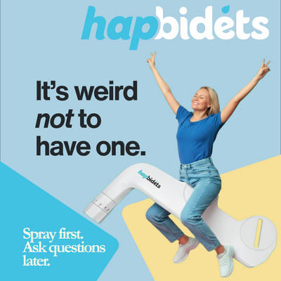 Advertisement for 'happidéts' with a woman jumping on a product, blue background
